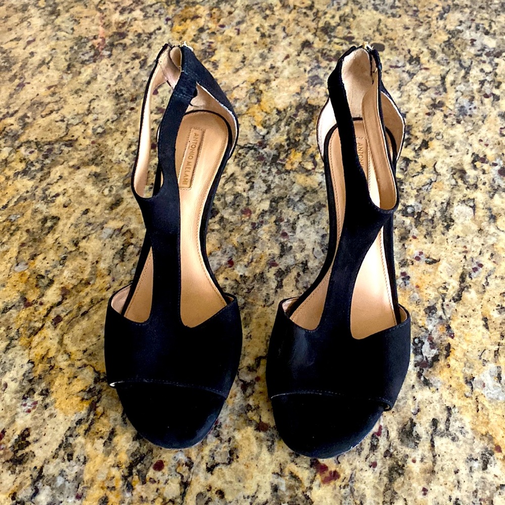 Black, Suede, Open-Toe Kitten-heel Sandals with a Gold BackHeel Zipper